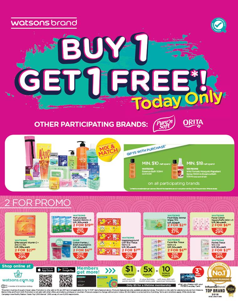 Stock up today with Watsons Buy 1 Get 1 Free oneday sale on January 18