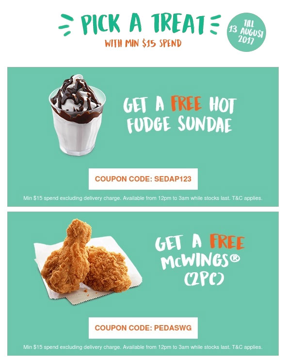 McDelivery Promotion Enjoy a free Hot Fudge Sundae or 2 x McWings with