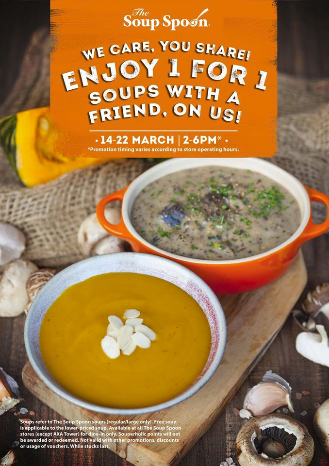Enjoy 1for1 at The Soup Spoon stores from 2pm to 6pm daily this week