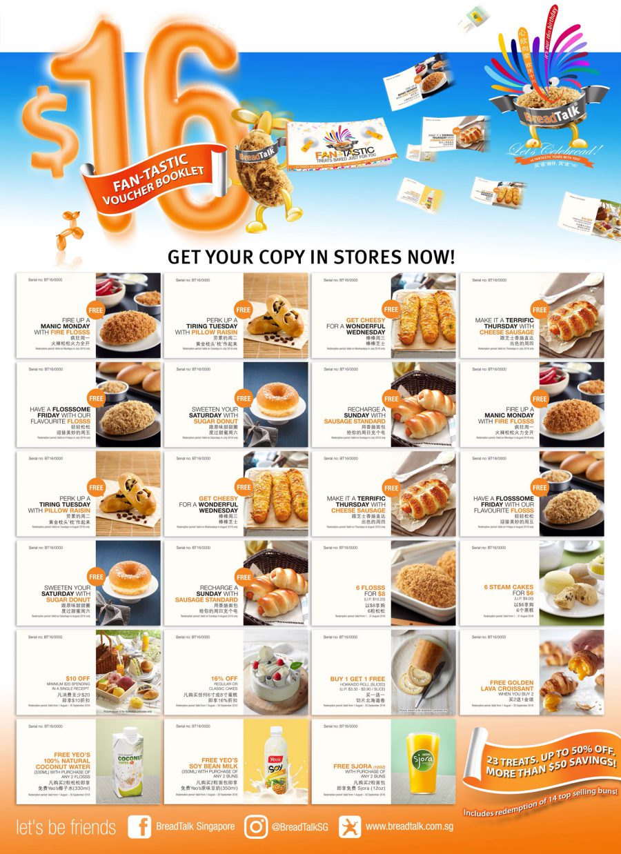 BreadTalk 16th Anniversary Celebration: 6 x Flosss Buns for $8, Voucher ...