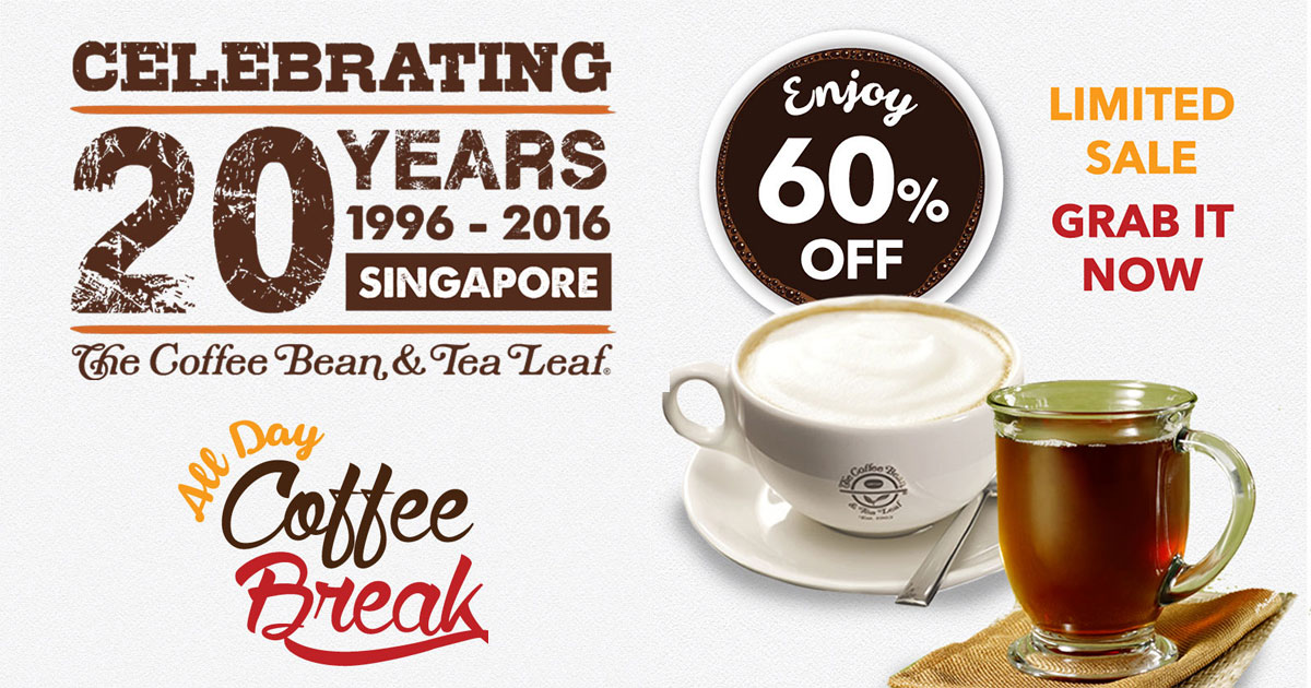 Only $1.68 for your daily cup of coffee or tea at Coffee Bean in 20 years celebration promotion
