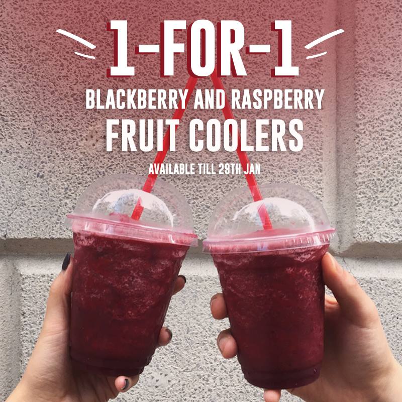 Energy boost all day. Enjoy 1for1 Costa Coffee Blackberry & Raspberry Fruit Coolers this month