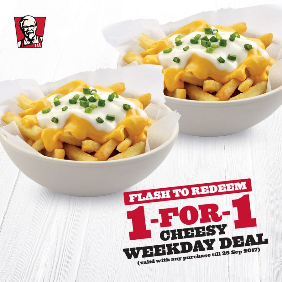 Flash this KFC coupon to redeem your 1for1 Cheese Fries, valid till