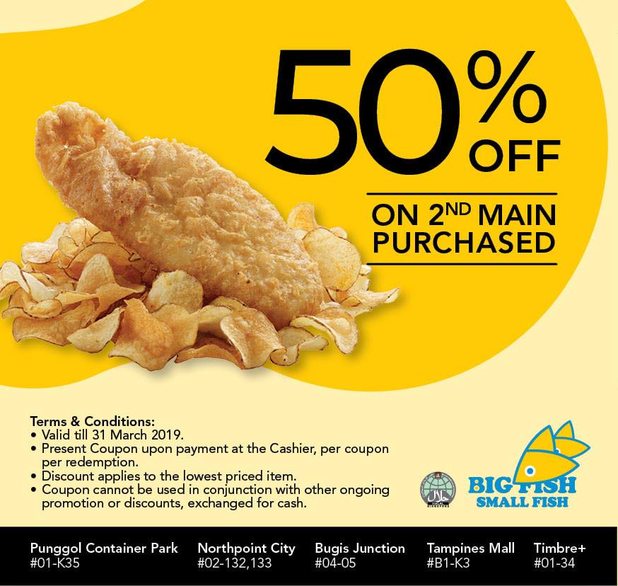 Here are Big Fish Small Fish latest coupons with 1 Fish & Crisps, 1