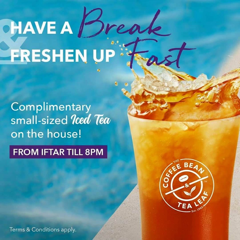 Coffee Bean is offering free Iced Tea from Iftar till 8pm daily at most