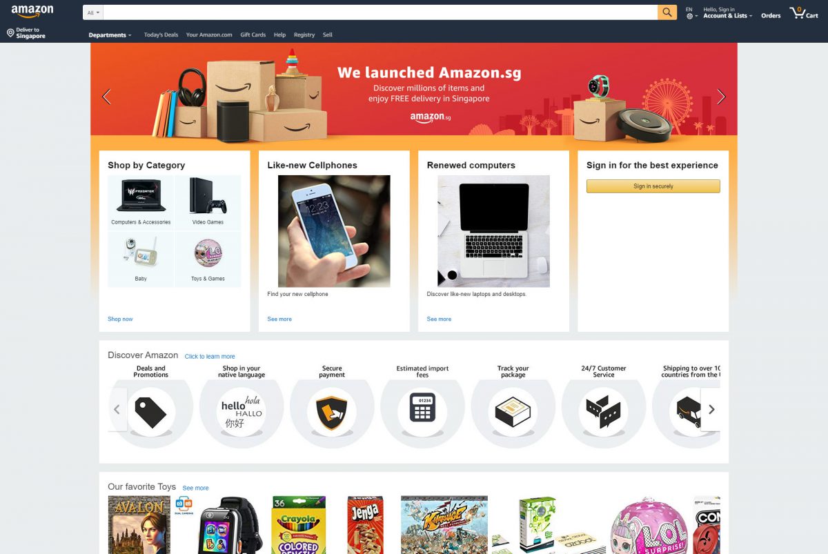 Amazon.sg now officially open. Shop thousands of items direct from the