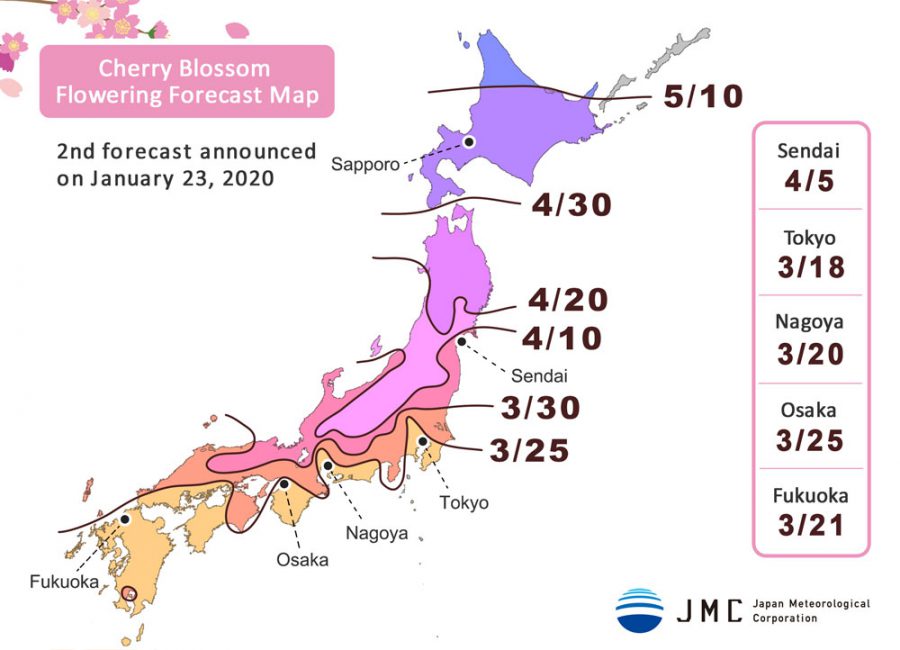 Here are the Sakura blooming dates across Japan for year 2020 as forecasted by Japan