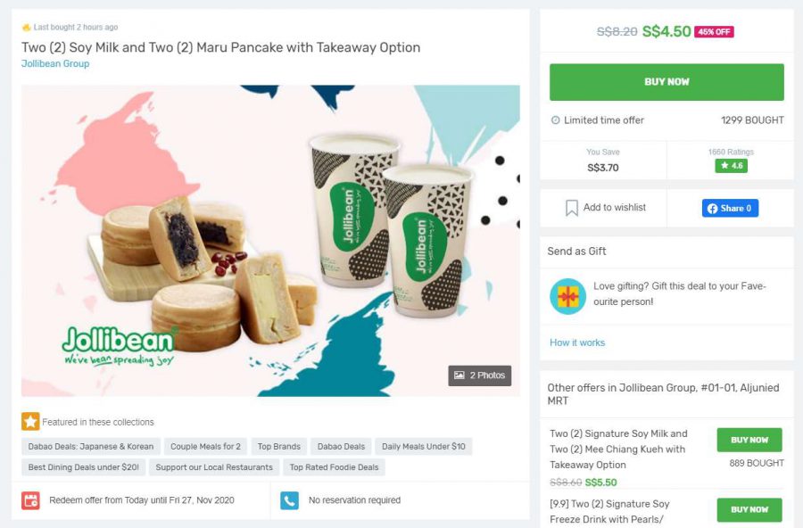 Jollibean selling 2 x Soy Milk & 2 x Maru Pancake for only 4.50 online, redeemable till Nov 27