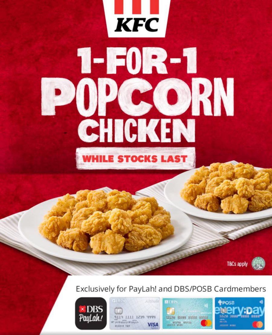 KFC S'pore offers 1FOR1 Popcorn Chicken with DBS/POSB Cards till Mar