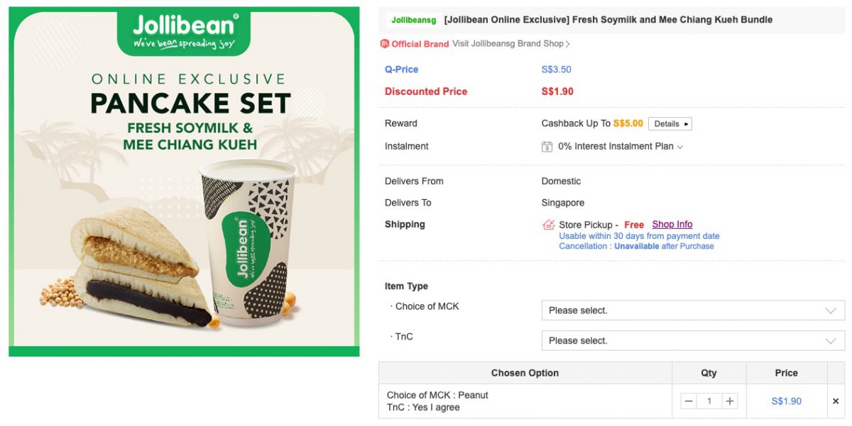 Jollibean selling Soymilk Drink with Mee Chiang Kueh Pancake for only 1.90, has 30day