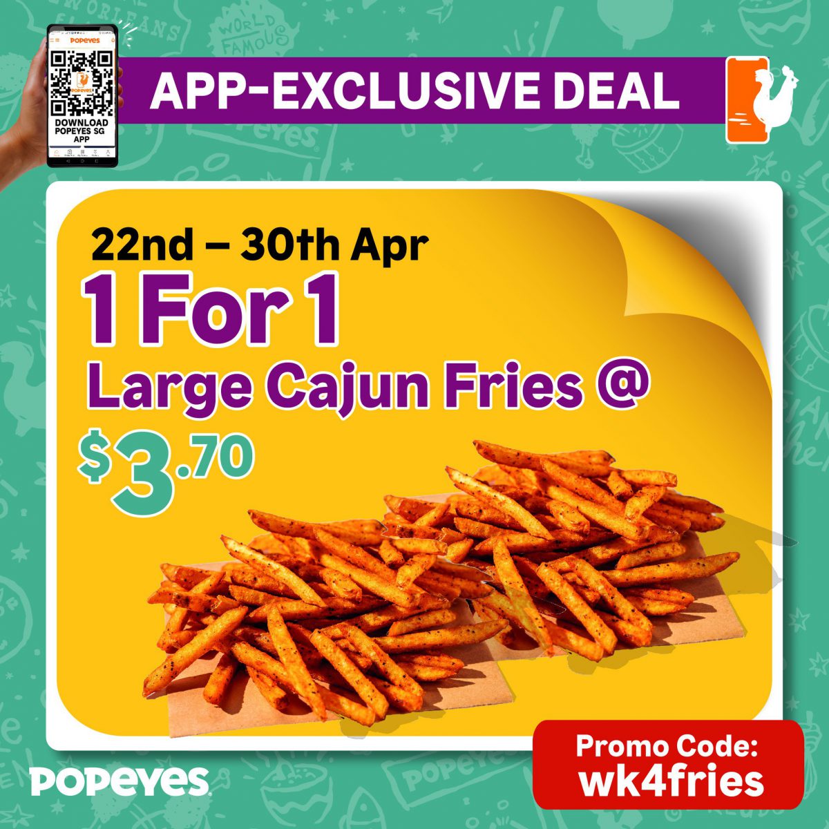 Popeyes S'pore has 1FOR1 Deals allday on Burgers, Cajun Fries and
