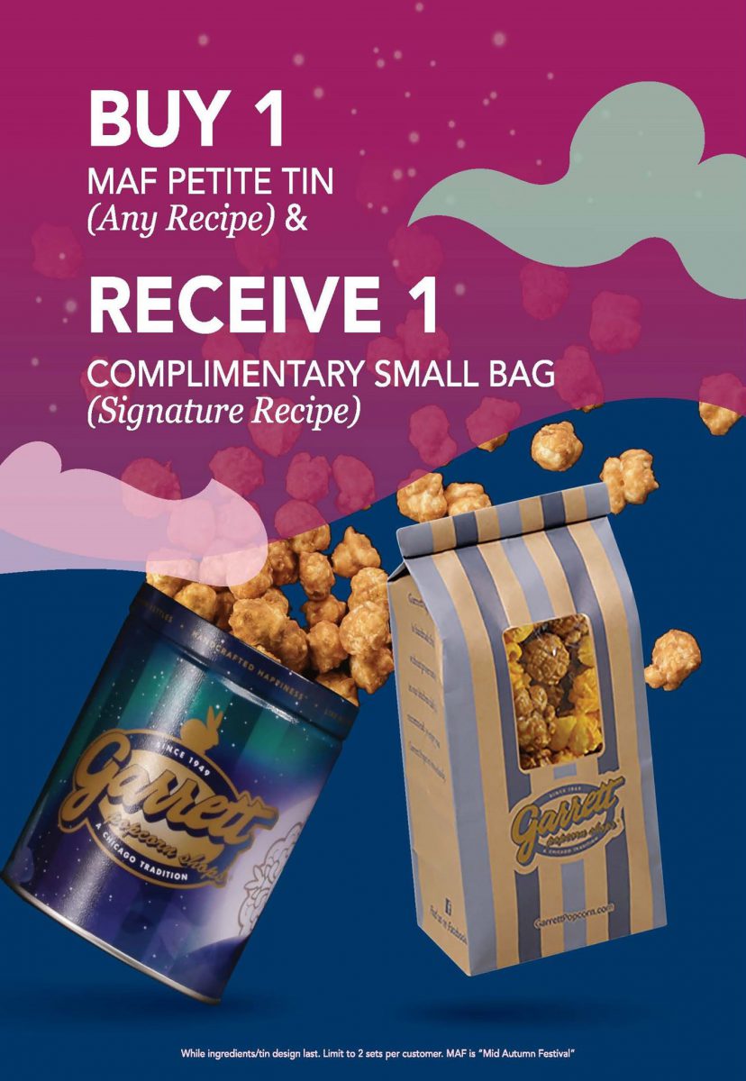 Garrett Popcorn has 1FOR1 Promotion on Petite Tin & Small Bag till