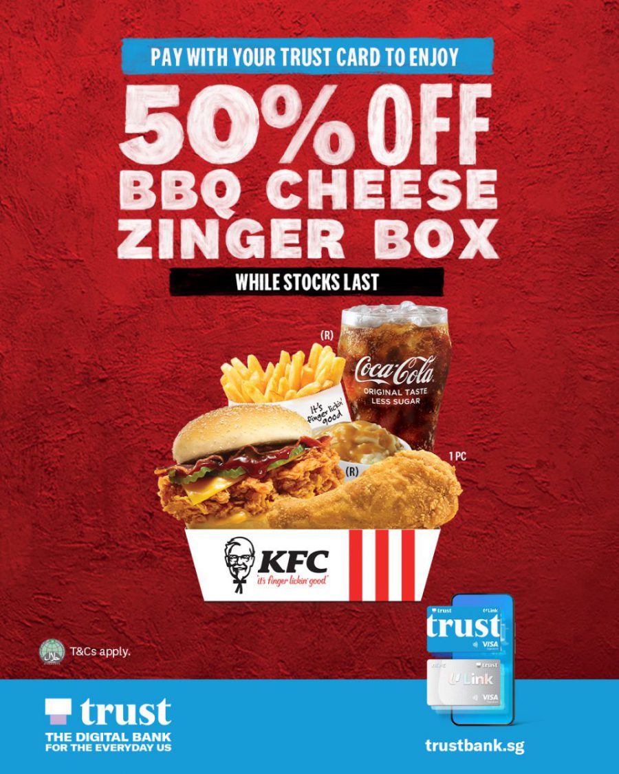 KFC S'pore offers 50 OFF BBQ Cheese Zinger Box with Trust Card, pay