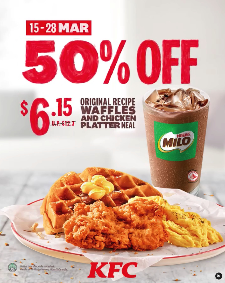 KFC offers 50 OFF Waffles and Chicken Platter Meal with Iced MILO