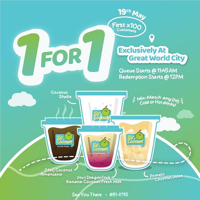 Mr Coconut opens in Great World with 1FOR1 Promotion on all drinks