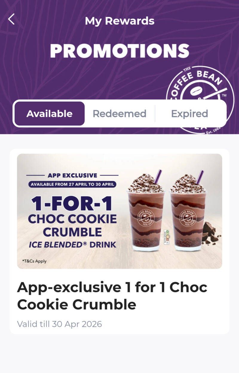 Coffee Bean Singapore Offers 1-FOR-1 Choc Cookie Crumble Ice Blended ...